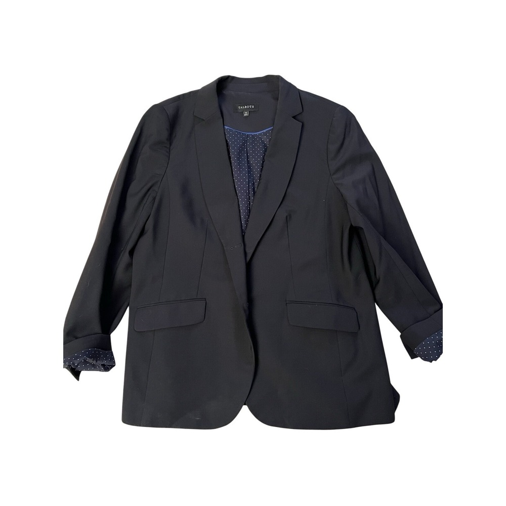 Talbots Womens Black Single Button Blazer Polka Dot Lining Size 16 Professional